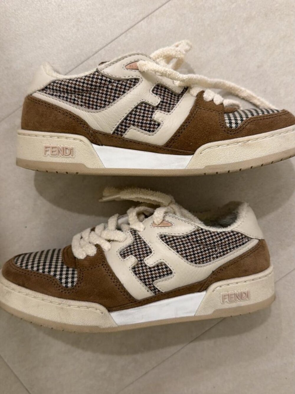 Fendi Match Brown Houndstooth Suede Low-Top Sneakers EU36